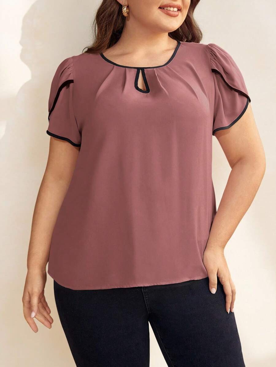 SHEIN Clasi Plus Keyhole Neck Petal Sleeve Contrast Binding Blouse - Dusty Pink - View 1