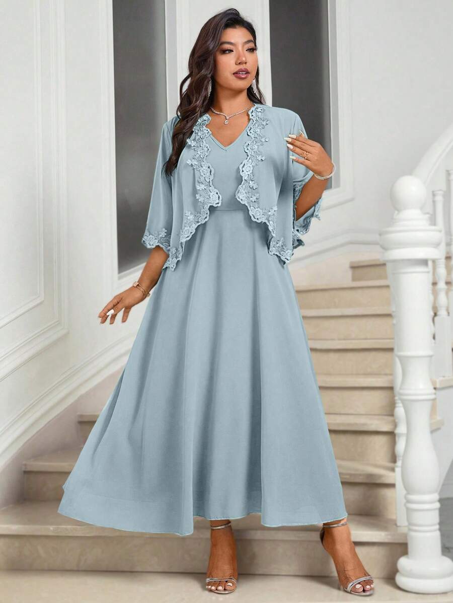 Cravure Bộ 2 chiếc/Bộ váy liền thân cổ chữ V màu trơn cỡ lớn cho nữ và áo khoác cardigan choàng - Màu xanh nhạt - Xem 1