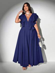 Viva Relle Plus Size Women Elegant Romantic Tie-Up Deep V-Neck Ruffle Sleeve A-Line Chiffon Dress - Navy Blue - View 4