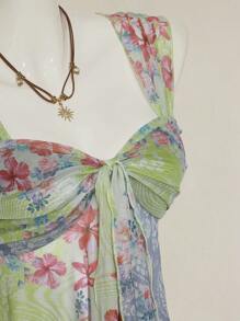 SHEIN ICON 女式复古印花网眼不对称下摆无袖上衣 - 綠色 - 查看 7