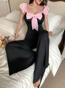 Sweet Ins Two-Tone Strik & Ruffle Patchwork Rugloze Hollow Out Dames Pyjama Jumpsuit, Vakantie