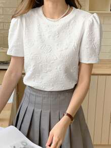 DAZY Women's Casual Sweet Round Neck Short Sleeve Top, Summer T-Shirt - White - View 1