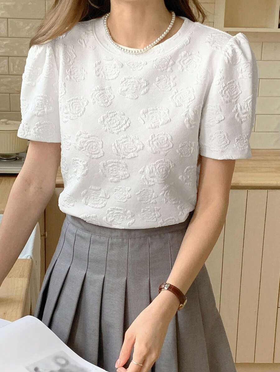 DAZY Women's Casual Sweet Round Neck Short Sleeve Top, Summer T-Shirt - White - View 1