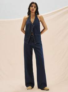 Easelle 海军蓝牛仔露背上衣，适合夏季西部牛仔女郎，适合夜间外出 - 藍色 - 查看 4