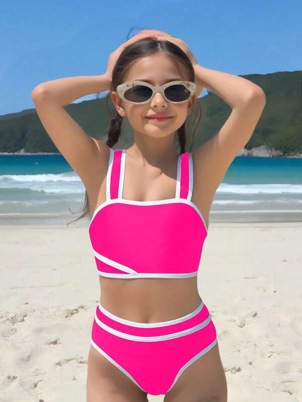 SHEIN 2pcs Tween Girl Swimwear Set, Simple Stylish Design With Shoulder Straps Bikini Set, White & Hot Pink Color Blocking, Suitable For Swimming And Beach Summer Holiday
