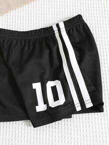 SHEIN Set de 2 piezas Conjunto de jersey deportivo a rayas y pantalones cortos para bebé, estilo deportivo para niños y niñas bebés, adecuado para interior, exterior, diario, deportes, juego, fiesta, sesión de fotos, vacaciones, partido, primavera/verano