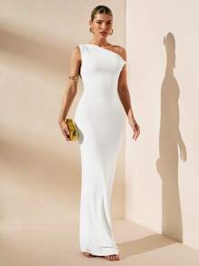 SHEIN BAE Vestido de sirena blanco sólido sexy de hombros oblicuos, cuello alto y espalda retorcida, elegante vestido de vacaciones, vestido de dama de honor, vestido de fiesta de cumpleaños, vestido de graduación de regreso a la escuela - Blanco - Ver 3