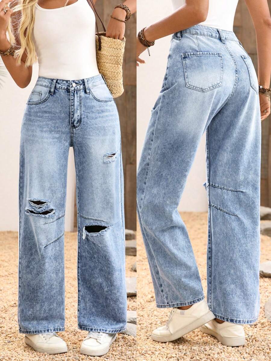 Breezaya Women Washed Distressed Denim Jeans - Blue - View 1