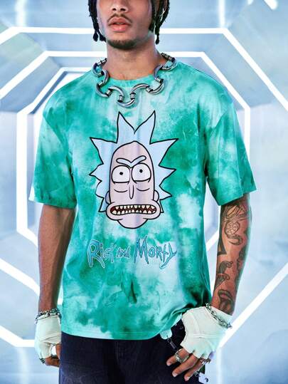 Rick and Morty X SHEIN Camiseta de manga corta de cuello redondo con estampado tie-dye y gráfico de dibujos animados para hombres