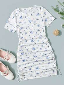 SHEIN Teen Girls Floral Print Ruched Knot Side Dress