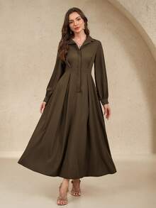 EMERY ROSE Elegant Commute Solid Color Lantern Sleeve Dress, Autumn Maxi Women Outfit - Coffee Brown - View 5