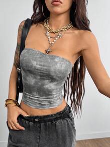 Coolane Top camisola corto de punto acanalado impreso y fruncido