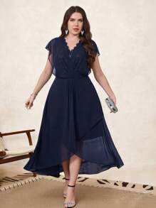 SHEIN Clasi Plus Size Women Solid Color Contrast Lace Batwing Sleeve Elegant Dress - Navy Blue - View 5