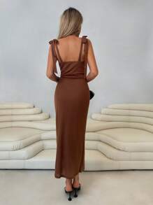 Roylia Sexy & Fashionable V-Neck Decorative Round Buckle Cinched Waist Design Women Dress - Brown - View 2