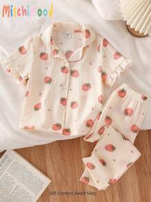 2pcs Young Girl Strawberry Print Ruched Fabric Short Sleeve Shirt & Ruffle Neck Shorts Set, Loungewear - Apricot - View 1