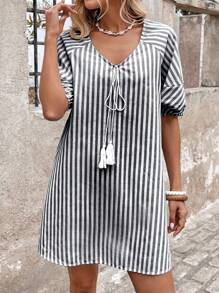 SHEIN LUNE Vestido holgado casual de estilo de vacaciones con cuello en V a rayas verdes para mujer, de verano