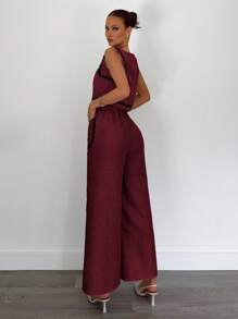 Siren Gaze Bộ 2 món cho nữ mùa hè, áo rộng viền tương phản và quần ống rộng trơn, trang phục thường ngày đi làm/đi chơi, bộ đồ đồng bộ - Màu Đỏ Sâu - Xem 2