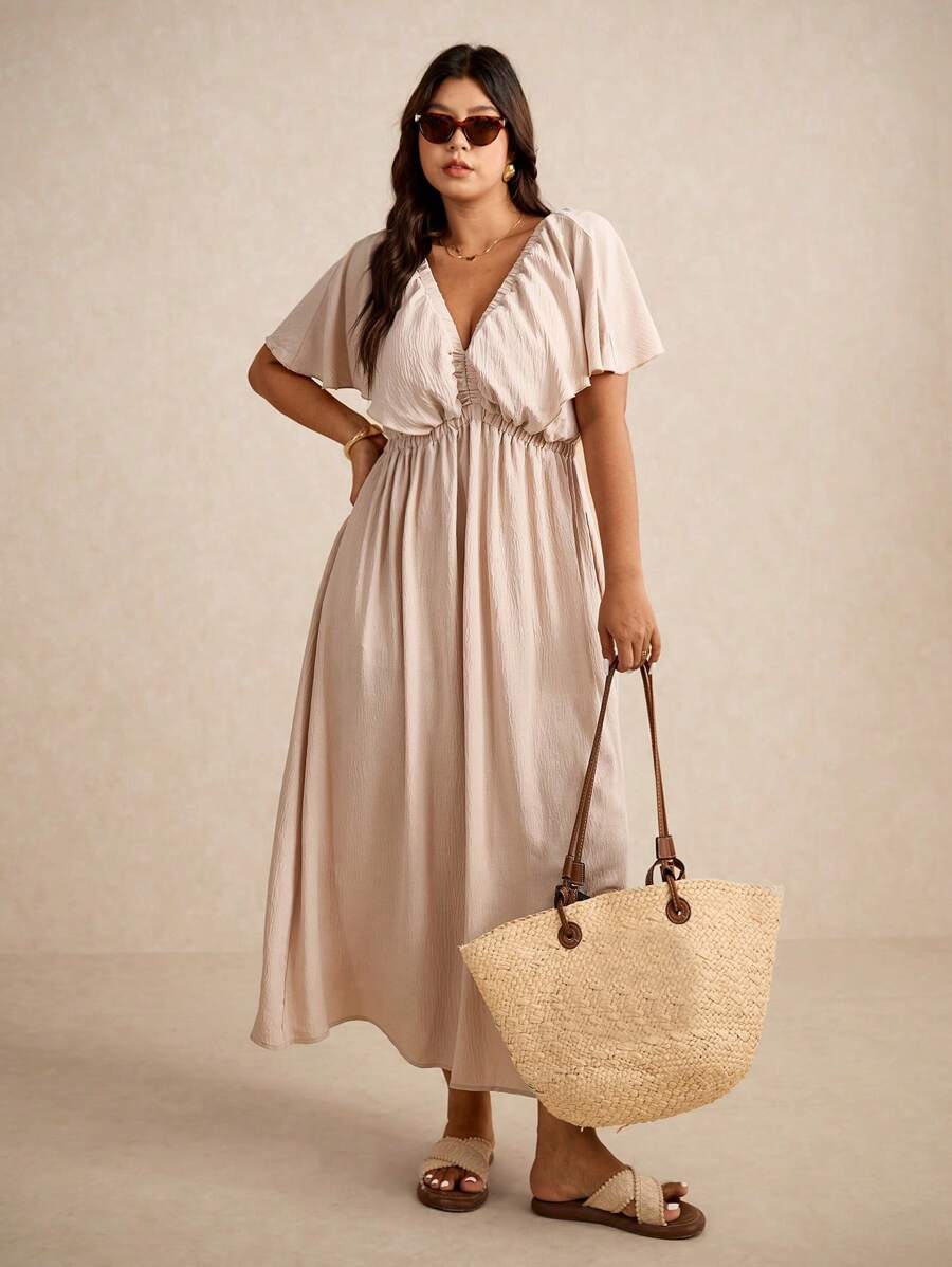 Elaquor Đầm suông tay bồng cổ chữ V màu trơn đơn giản mùa hè cỡ lớn cho nữ - Màu be - Xem 1