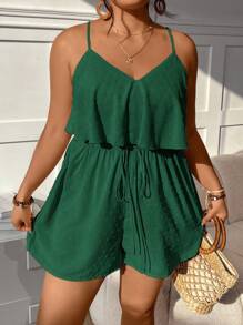 SHEIN VCAY Plus Size Women's Casual Sleeveless Embroidered Jumpsuit For Daily/Vacation Wear Green Romper Women Short Romper Casual Romper Short Jumpsuits For Women Swiss Dot Romper