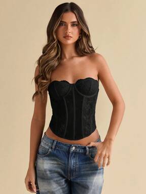 SHEIN BAE Top con coppa reggiseno in pizzo elastico elegante da donna per vacanze estive in spiaggia, costume da concerto, costume da performance, costume da festival musicale, top sexy da club