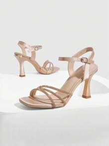 CUCCOO SZL Women's Champagne Rhinestone Slim Strap Ankle Strap Chunky Heel Square Toe Sandals, Fashion For Commuting, Dating, Party - Champagne - View 11