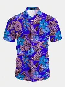 Manfinity RSRT Men's Random Plant Print Short Sleeve Shirt Beach Shirts For Men Tropical Shirts For Men