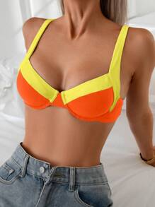 SHEIN Swim 女士双色堆叠银色细肩带裹身上衣，性感简约日常泳装 - 彩色 - 查看 1