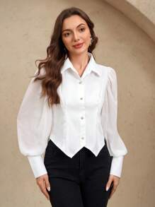 EMERY ROSE Nueva camisa elegante de moda con manga abullonada y abotonada, blusa de ajuste elegante y ceñido con manga transparente - Blanco - Ver 1