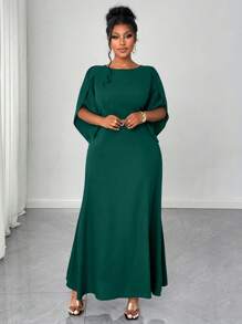 Maweii Váy xòe bất đối xứng màu tím thanh lịch & thời trang cỡ lớn cho nữ, tay áo 3/4, eo thắt chặt, viền loe không đối xứng, thích hợp cho các buổi hẹn hò và tiệc tùng - Màu xanh lá cây đậm - Xem 1