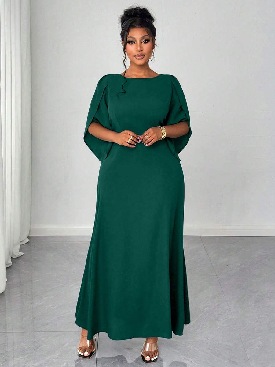 Maweii Váy xòe bất đối xứng màu tím thanh lịch & thời trang cỡ lớn cho nữ, tay áo 3/4, eo thắt chặt, viền loe không đối xứng, thích hợp cho các buổi hẹn hò và tiệc tùng - Màu xanh lá cây đậm - Xem 1