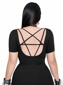 Whyspr Casual Punk Large Size Spring And Summer Dark Sexy Slim Fit Casual Versatile Bold Avant-Garde Round Neck Back Leak Back Star Cross Tie High Waist Slimming Lace Patchwork Hem Daily Dress Suitable For Independence Day Holiday Clothing