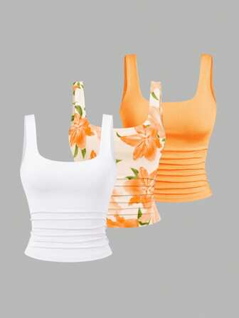 Sweetra Top de verano para mujer tipo camiseta con cuello cuadrado y pliegues