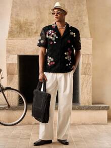 Manfinity BRENVOR 休闲男士海滩度假浪漫刺绣翻领短袖衬衫 - 黑色 - 查看 3