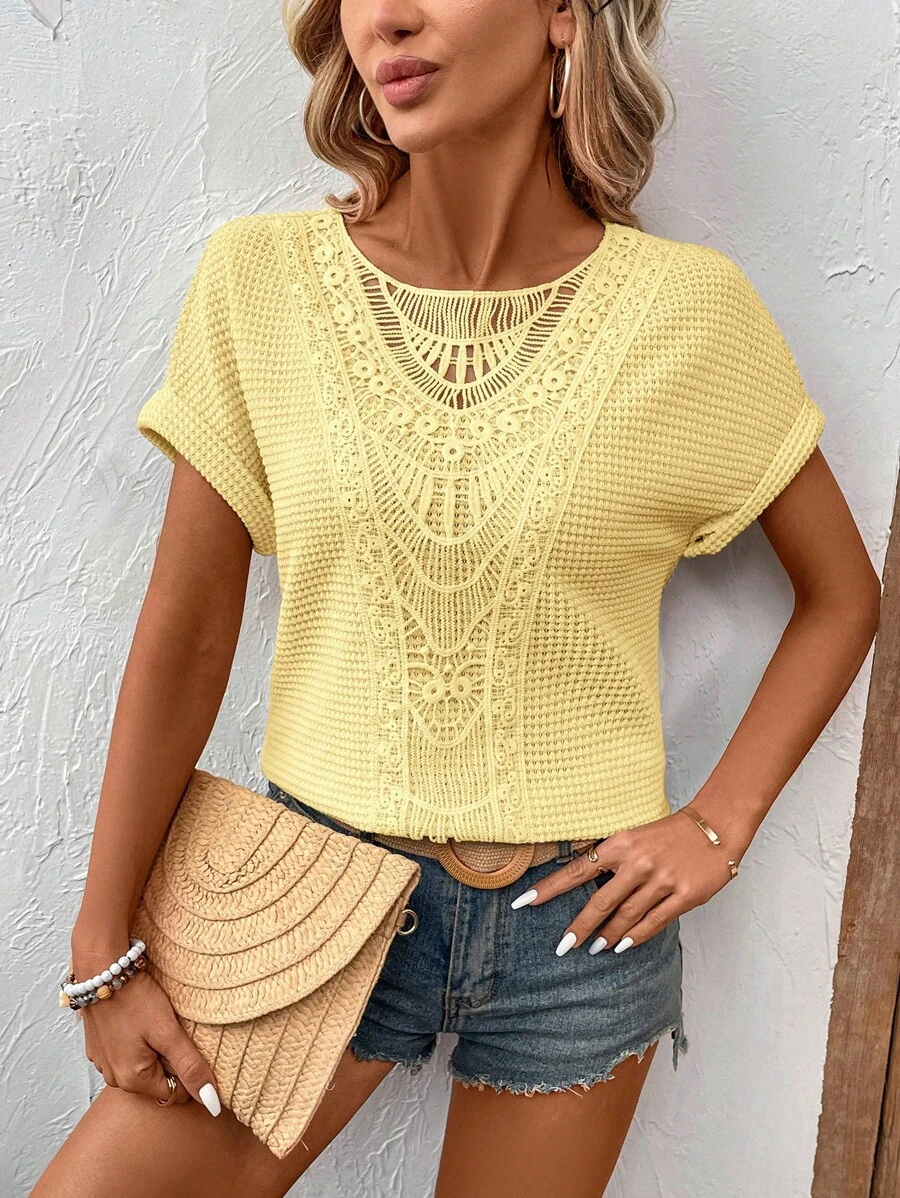 SHEIN LUNE 女式圆领超大蕾丝拼布纹理华夫格面料休闲度假 T 恤，夏季