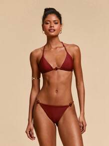 Travachic Women's Elegant Burgundy Minimalist Solid Color Backless Halter Bikini Set,Summer Holiday Beach Party Swimwear Swim Suits,Beach Outfits For Woman - Brown - View 4