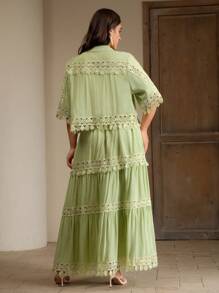 Anewsta Plus Size Women Elegant Romantic Vacation Spring/Summer Green Tassel Floral Trim Short Sleeve Blouse & Maxi Skirt 2 Pieces Set - Green - View 2