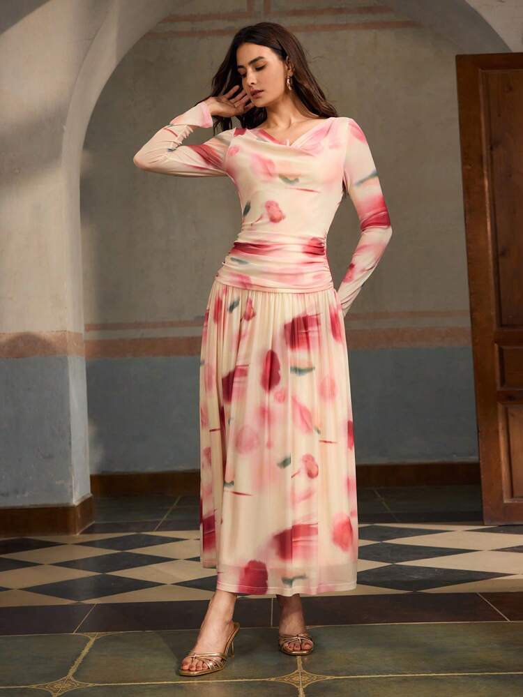 ZEYLAH Vestido largo de mujer con cuello redondo, manga larga, pliegues y estampado de tie-dye