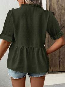 Breezaya 女士 3D 激光切割 V 领泡泡袖衬衫 - 綠色 - 查看 2