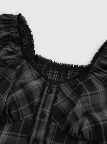 Goth Spring/Summer Carnival Party Casual Plaid Black Plus Size College Style Contrast Lace Ruffle Hem Blouson Sleeve Plaid Blouse - Multicolor - View 3