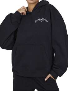 Letter Print Pocket Hooded Casual Long Sleeve Pullover Sweatshirt - Black - View 4