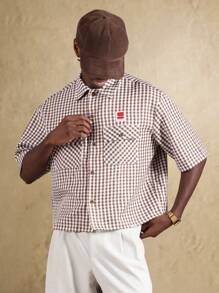 SUMWON Camisa clásica de botones con estampado de cuadros marrones, inspirada en el estilo vintage de la ropa de trabajo rural, para uso casual de fin de semana, corte regular, manga corta, con bolsillo utilitario - Multicolor - Ver 6