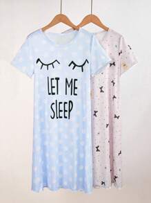 2pcs Teen Girls Pajamas Set, 1pc Butterfly & Bear Print Top, 1pc "Let Me Sleep" Dot Print Top, Comfortable Casual Sleepwear, Stretchy Fabric, Machine Washable, Relaxed Fit (Sold Separately) Teen Sleepwear  Pajama Dresses - Multicolor - View 5