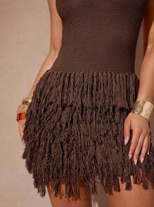 Silquee Women's Solid Color Crew Neck Sleeveless Fringed Hem Bodycon Sweater Dress