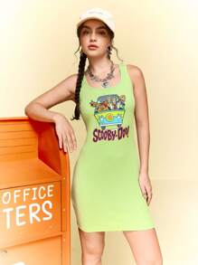 SCOOBY-DOO X SHEIN Women Cartoon & Letter Graphic Summer Sleeveless Short Dress - Army Green - View 7