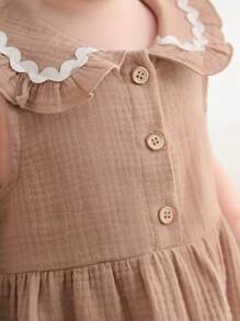 Cozy Pixies Baby Girl Sleeveless Contrast Trim Waist Ruffle Dress - Khaki - View 3