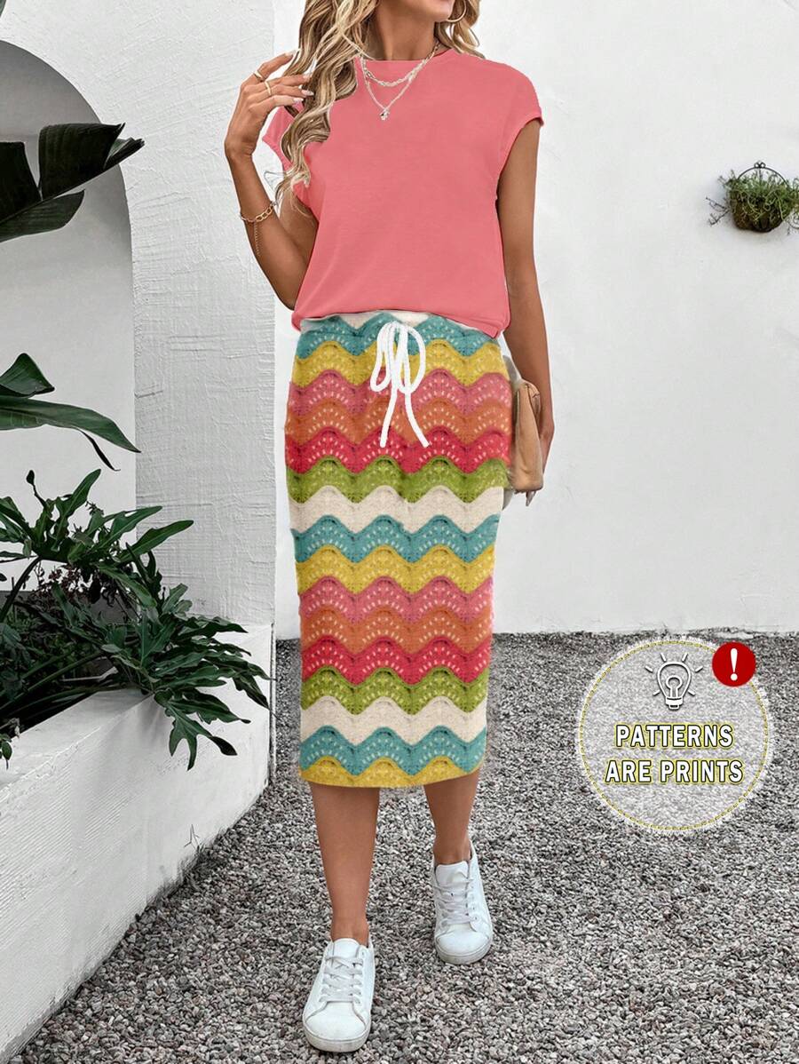 SHEIN LUNE Women's Summer Solid Color Batwing Top And Colorful Serrated Texture A-Line Skirt 2pc Set - Multicolor - View 1