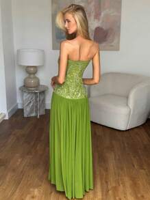 SHEIN BAE Spring/Summer Solid Green Embellished Jewel Floral Sequin Mesh Maxi Beach Holiday Dress, Summer Dress, Beach Dress, Elegant Dress Party Dresses For Women