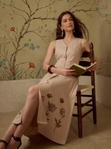 MOTF PREMIUM LINEN FABRIC PRINTED SLEEVELESS BELTED MID-LENGTH DRESS, SPRING/SUMMER - Khaki - View 8