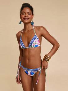 Travachic 女士花卉印花露背系带性感比基尼两件套泳衣套装，夏季海滩 - 彩色 - 查看 6