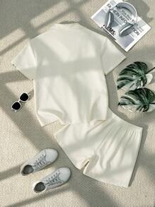 Tween Girl Summer Letter Print Short Sleeve Button-Up Top And Shorts Casual Outfit Set Summer Clothes Set - Apricot - View 3